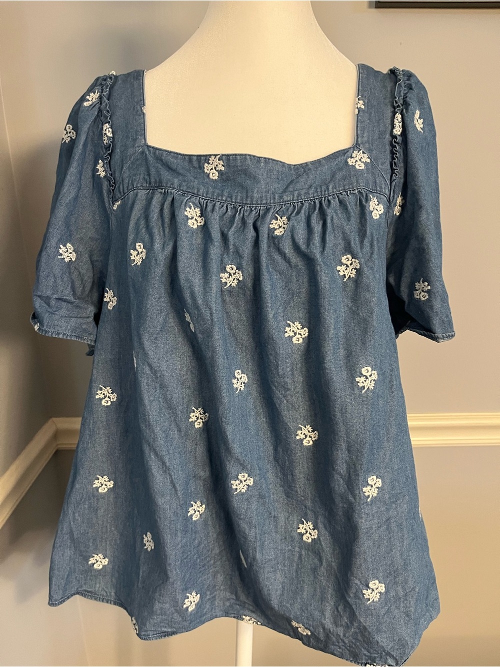 Draper James Blue Denim Square-Neck Embroidered Top